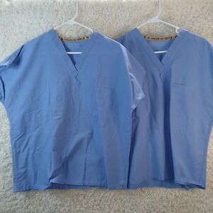 2 Fashion Seal Light Blue V Neck Scrub Top Short Sleeve Medical Work Uniform M